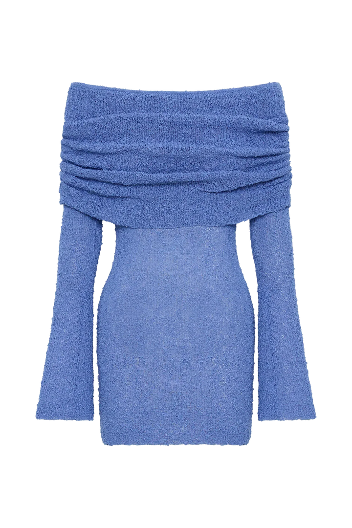 Vestito donna trendy, mini, con maniche svasate, spalle scoperte e raffinato dettaglio increspato.