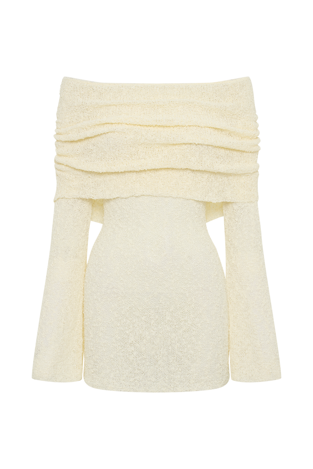 Mini abito elegante per donna con design a spalle scoperte e maniche a campana. Dettaglio increspato. Moda sera.
