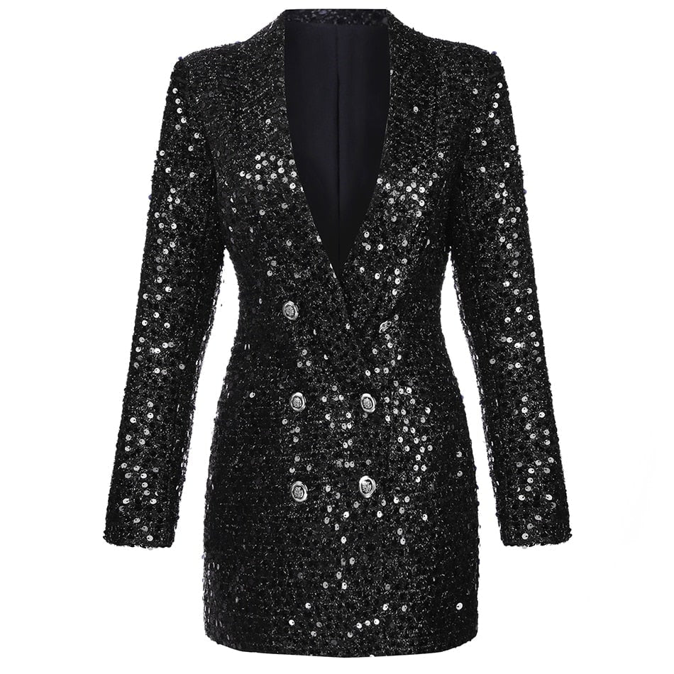 Elegante mini abito da sera donna con paillettes, design blazer doppiopetto e maniche lunghe. Glamour per feste.