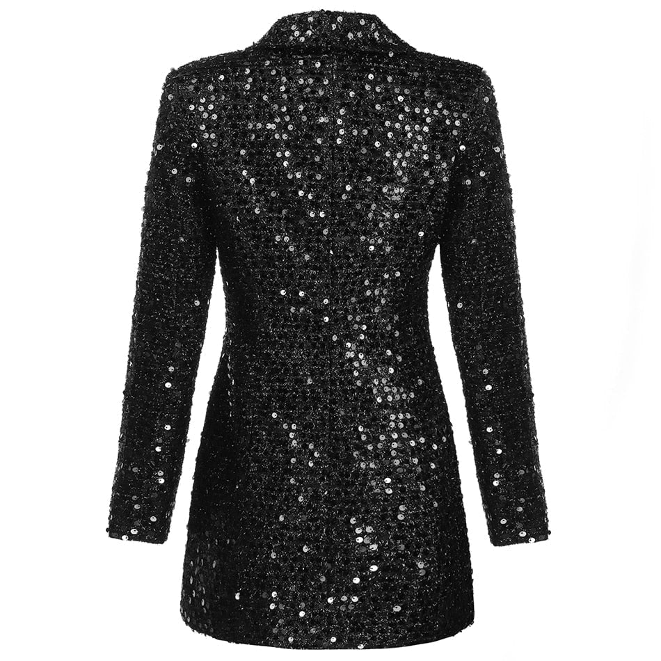 Vestito corto donna blazer con paillettes e maniche lunghe. Modello doppiopetto, look scintillante, ideale per feste.