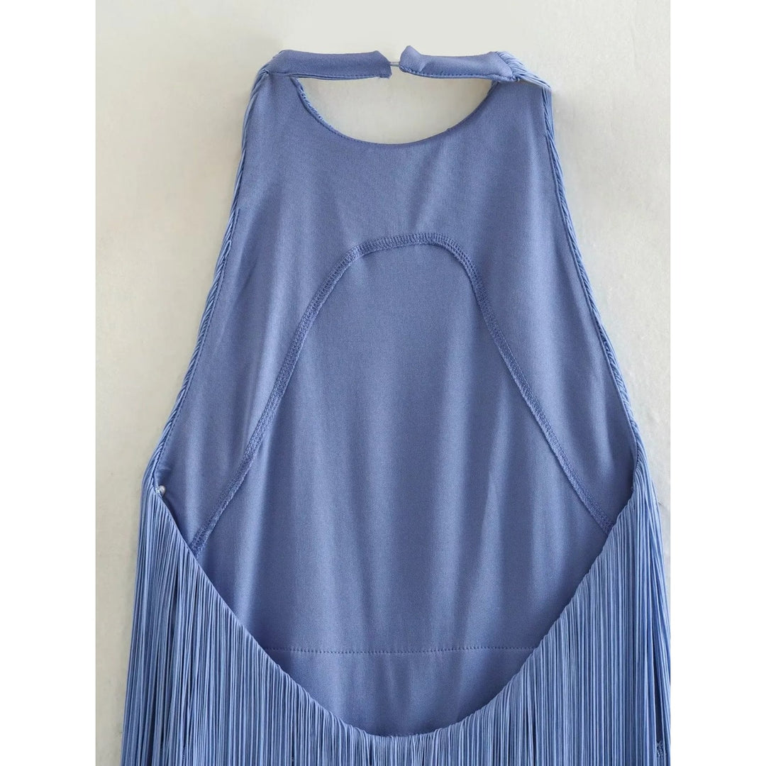 Abito da sera blu mini con frange per donna, collo all'americana e profonda schiena nuda. Perfetto per le feste.