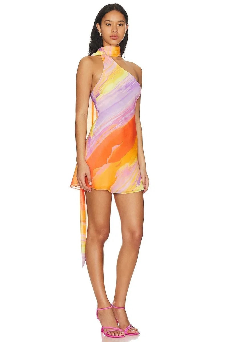 Abito corto elegante da donna, stile monospalla asimmetrico halter. Perfetto per cerimonie, cocktail e matrimoni.