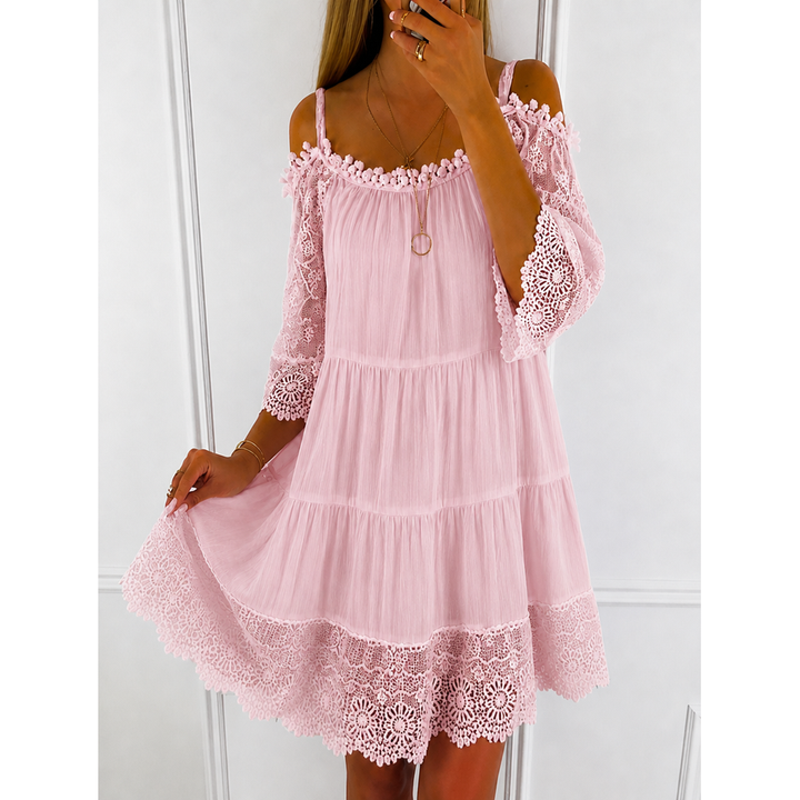 Vestito mini donna casual-elegante con spalle scoperte, maniche a campana in pizzo. Ottimo per il party.