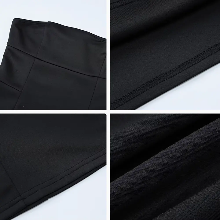 Moda donna: mini abito elegante senza spalline, linea ad A, perfetto per feste e serate estive.