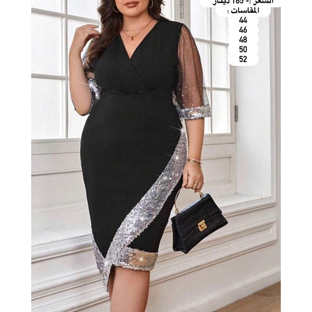 Vestito midi donna, perfetto connubio di eleganza, paillettes e maniche velate per serate speciali.