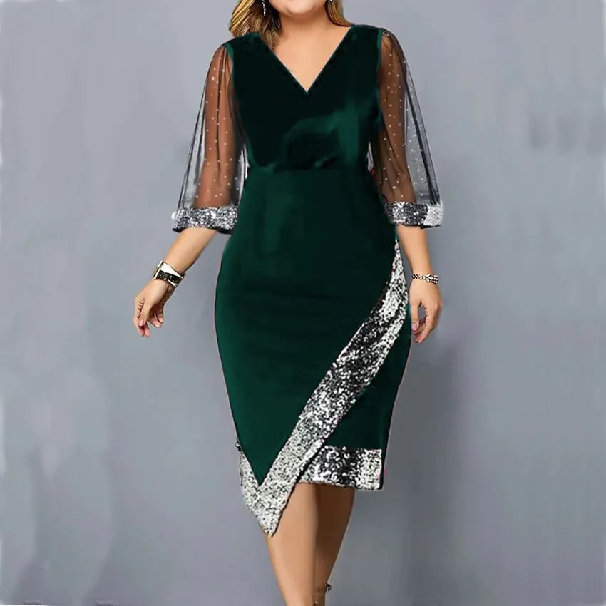 Vestito midi donna elegante con paillettes scintillanti e delicate maniche velate.