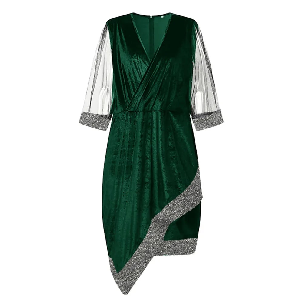 Abito da festa midi glamour donna, dettagli paillettes e maniche velate. Perfetto per serate chic.