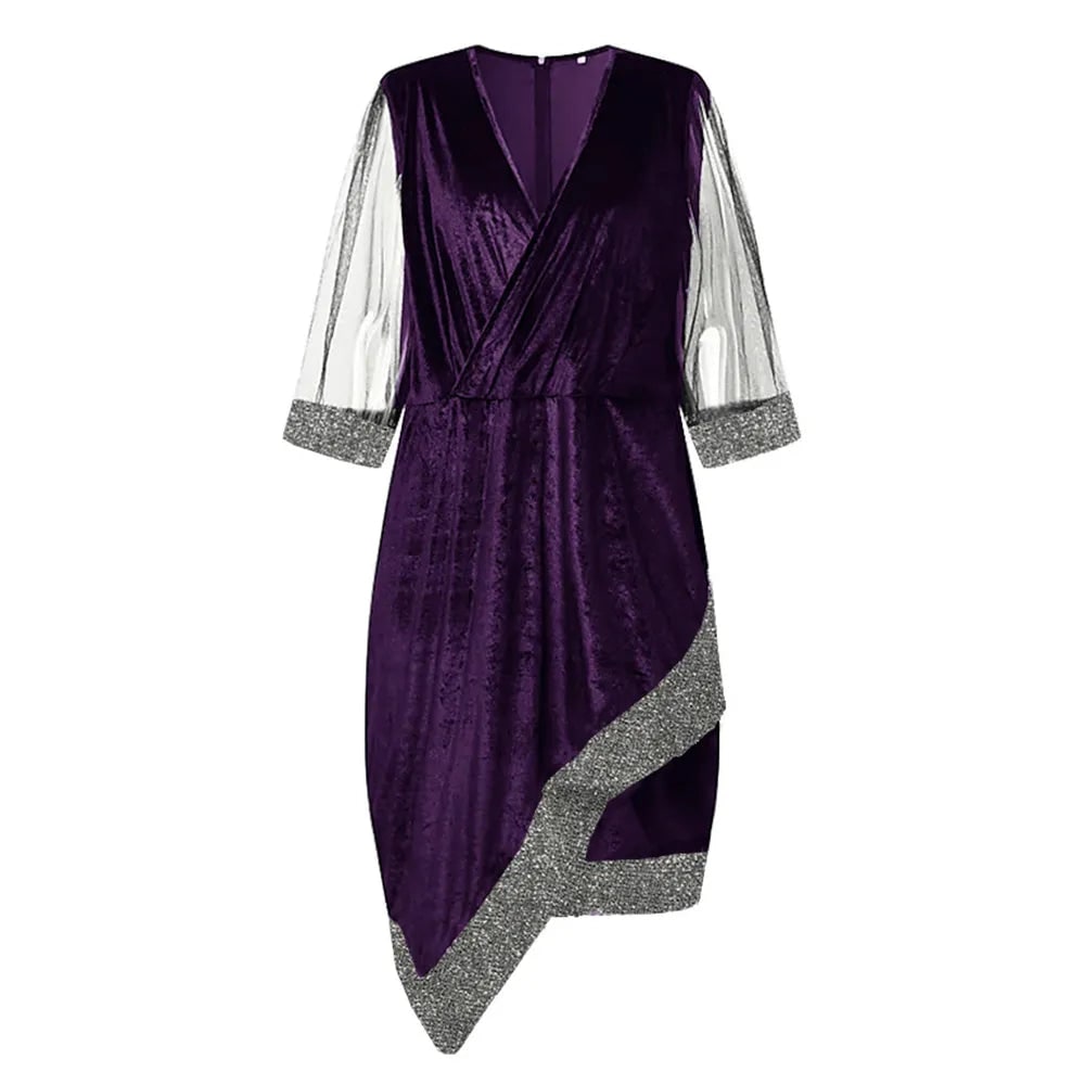 Vestito midi donna chic, taglio elegante, paillettes e maniche velate per un look sofisticato.