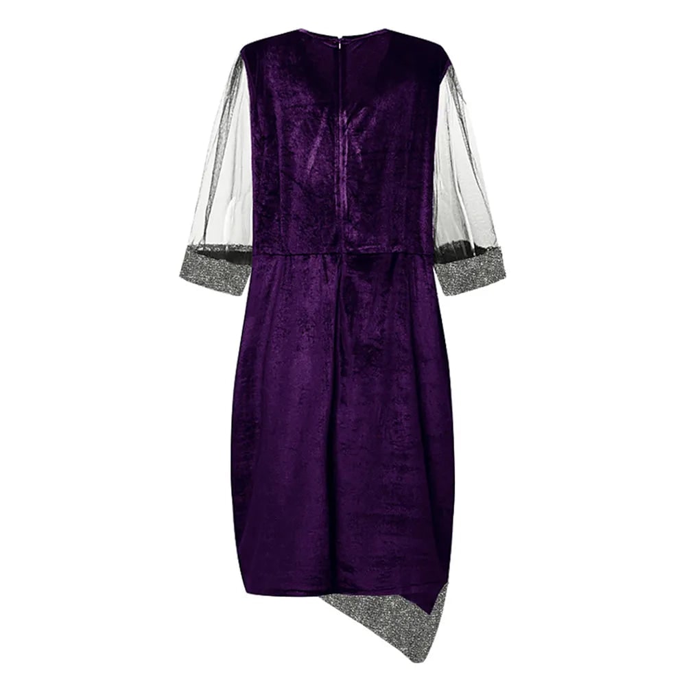 Abito cocktail midi donna con paillettes brillanti e maniche velate. Ideale per ogni festa.