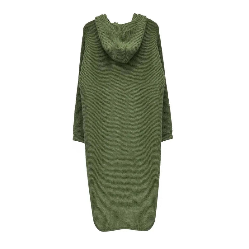 Cardigan lungo donna a maniche lunghe con cappuccio e bottoni, un capo versatile per la primavera.