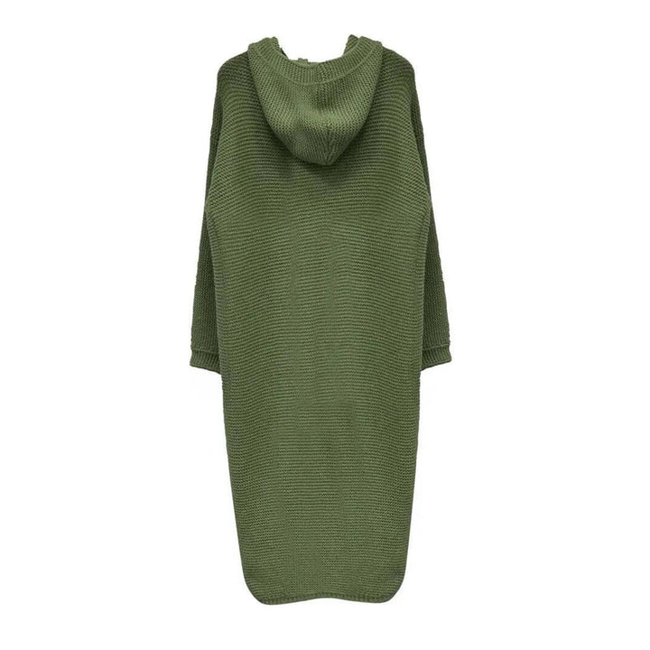 Cardigan lungo donna a maniche lunghe con cappuccio e bottoni, un capo versatile per la primavera.