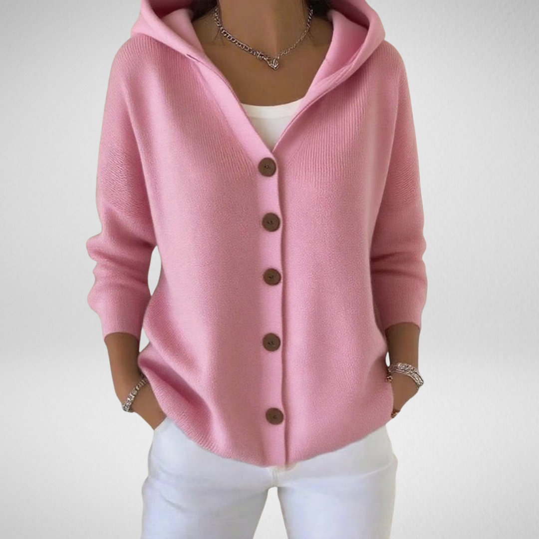Cardigan donna lungo con cappuccio e bottoni, ideale per un look versatile ed elegante.