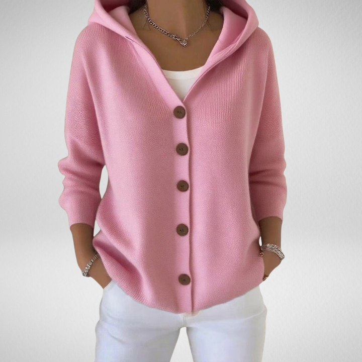 Cardigan donna lungo con cappuccio e bottoni, ideale per un look versatile ed elegante.