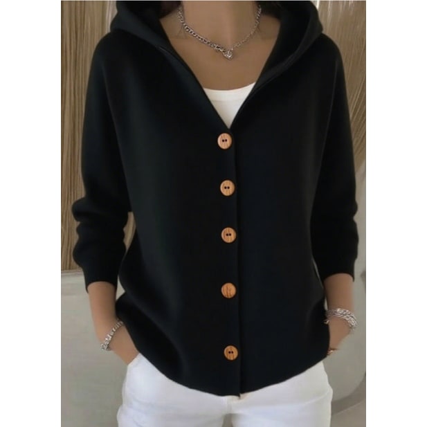 Elegante cardigan donna lungo con cappuccio, perfetto per un look versatile e alla moda in autunno.