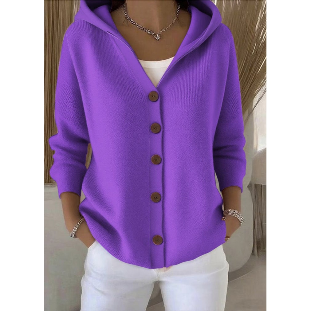 Cardigan donna oversize con cappuccio e bottoni, perfetto per un comfort quotidiano e moda versatile.
