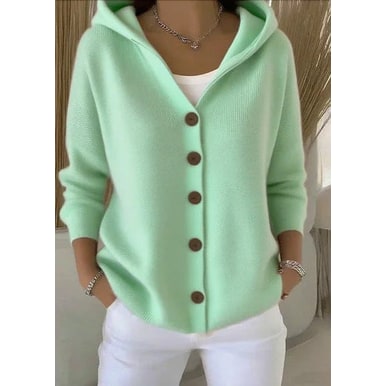 Cardigan lungo donna con cappuccio, ideale per un look autunnale e abbigliamento femminile elegante.