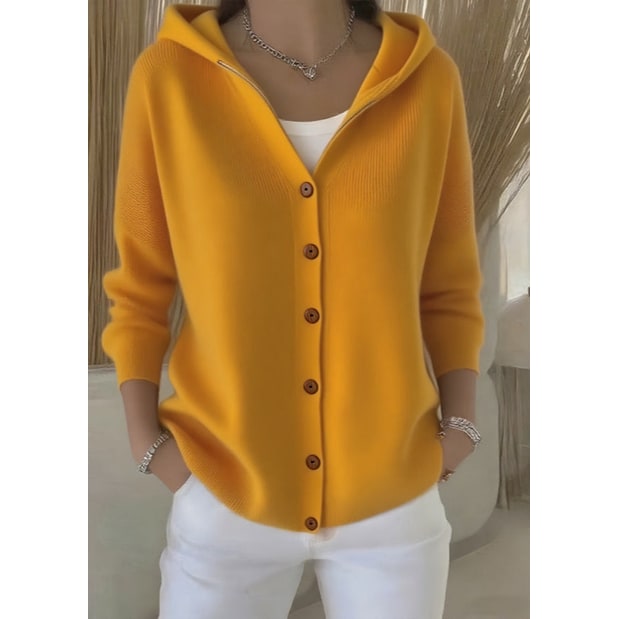 Cardigan donna con bottoni, lunghezza extra e cappuccio, per un'eleganza versatile e casual.