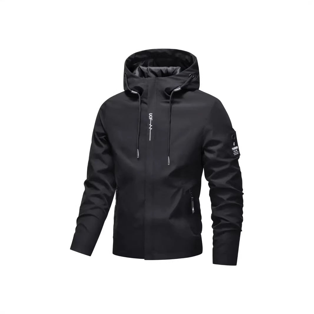 Giacca sportiva donna con cappuccio e tasche zip, impermeabile, perfetta per attività all'aperto in autunno.