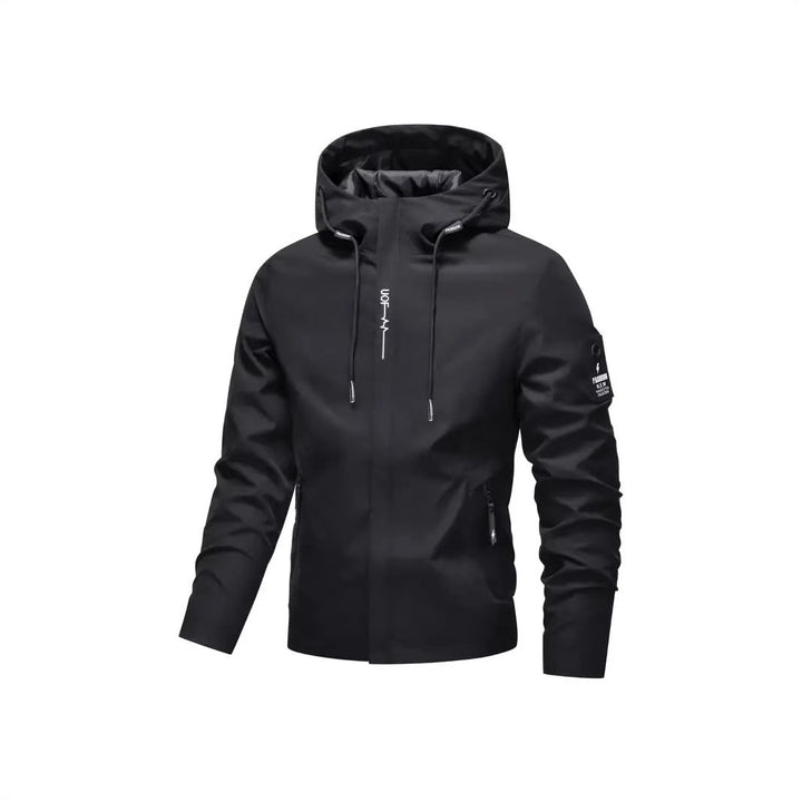 Giacca sportiva donna con cappuccio e tasche zip, impermeabile, perfetta per attività all'aperto in autunno.