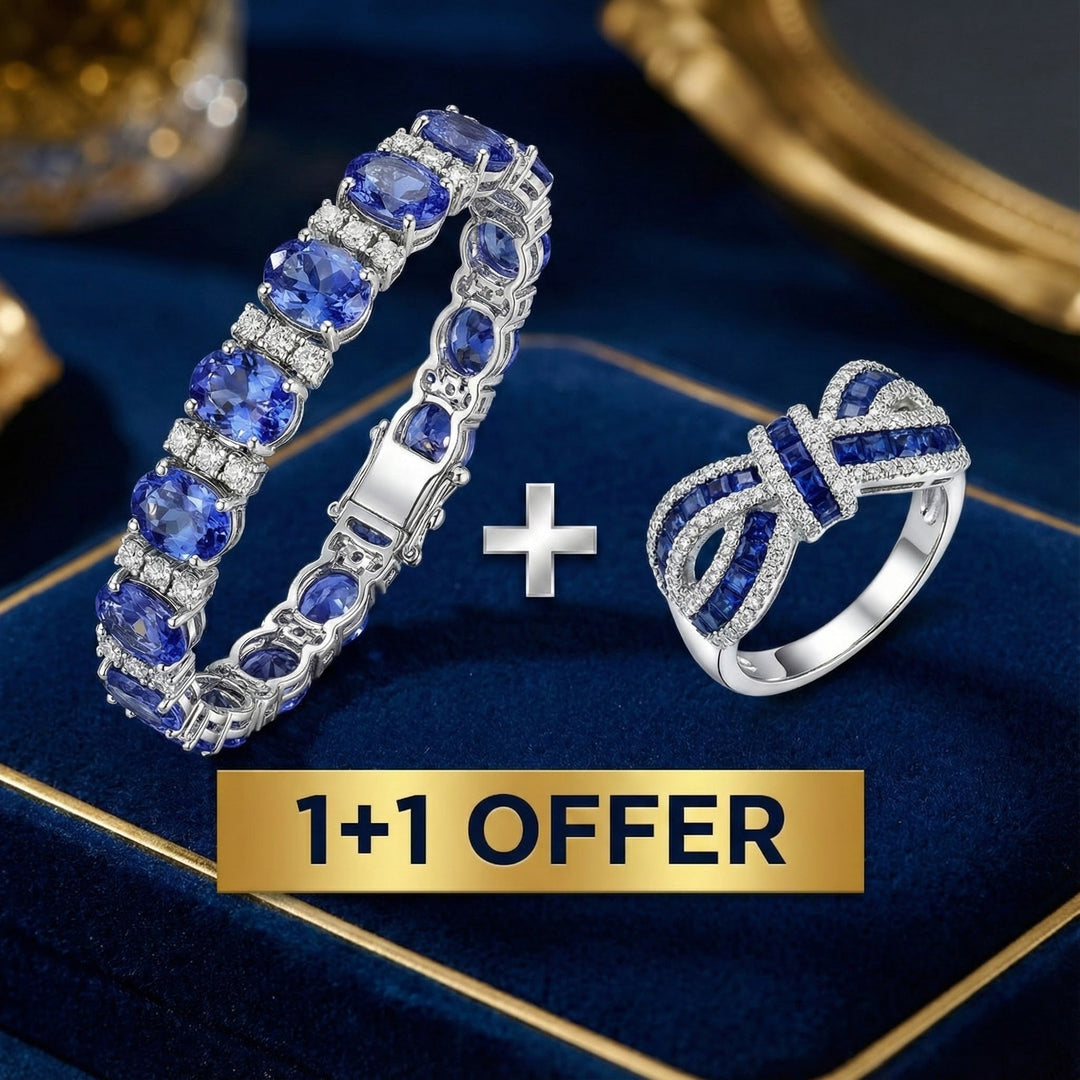 Set gioielli da donna: elegante bracciale e anello in argento con pietre blu scintillanti. Accessorio raffinato.