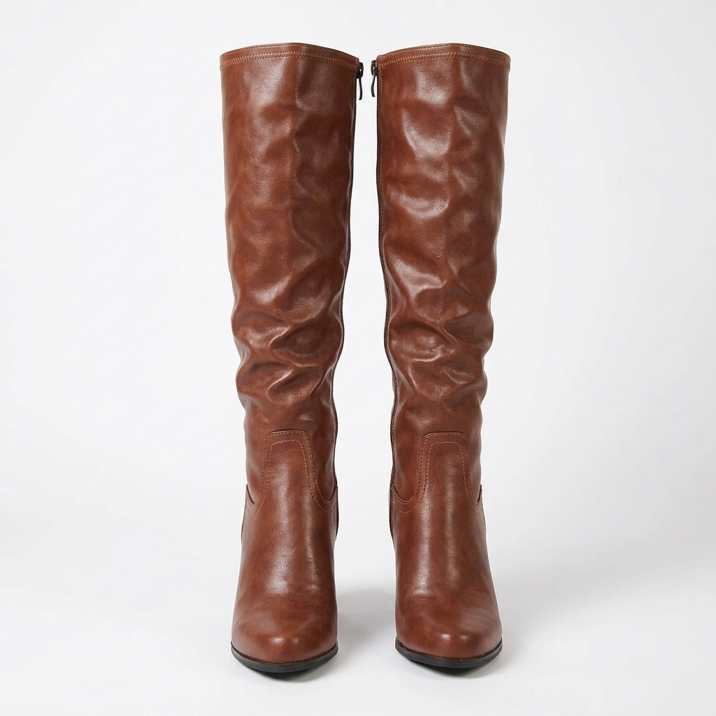 Stivali donna alti casual-chic con tacco largo, punta rotonda. Scarpe invernali e autunnali per stile versatile.