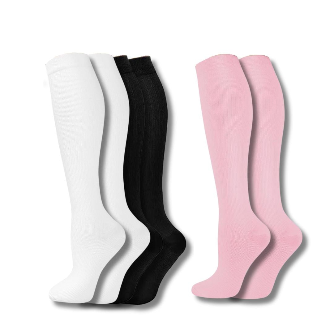 Multipack calze a compressione al ginocchio da donna. Garantiscono supporto, comfort e migliorano la circolazione.