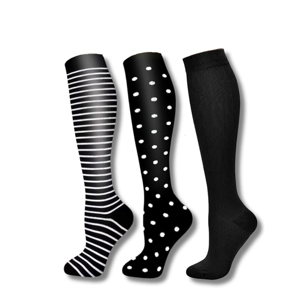 Calze a compressione al ginocchio donna per attività sportive. Offrono supporto e migliorano la circolazione.