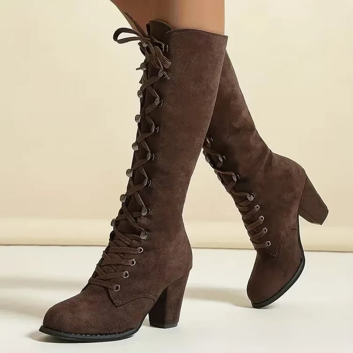 Stivali neri al ginocchio da donna con lacci, tacco largo, stile vintage. Perfetti per l'inverno.