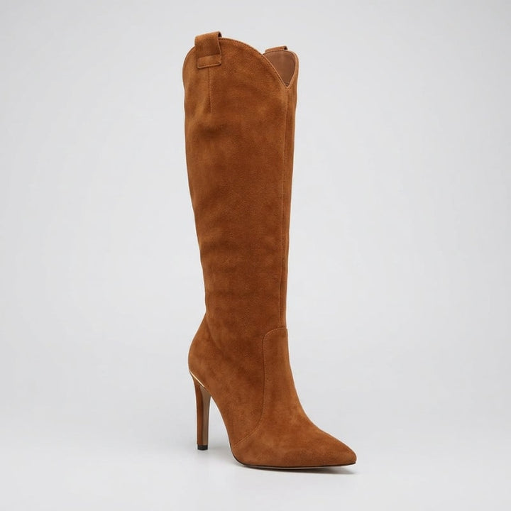 Stivali al ginocchio donna eleganti, stile western con punta affusolata e tacco a stiletto, per un tocco di classe autunnale.