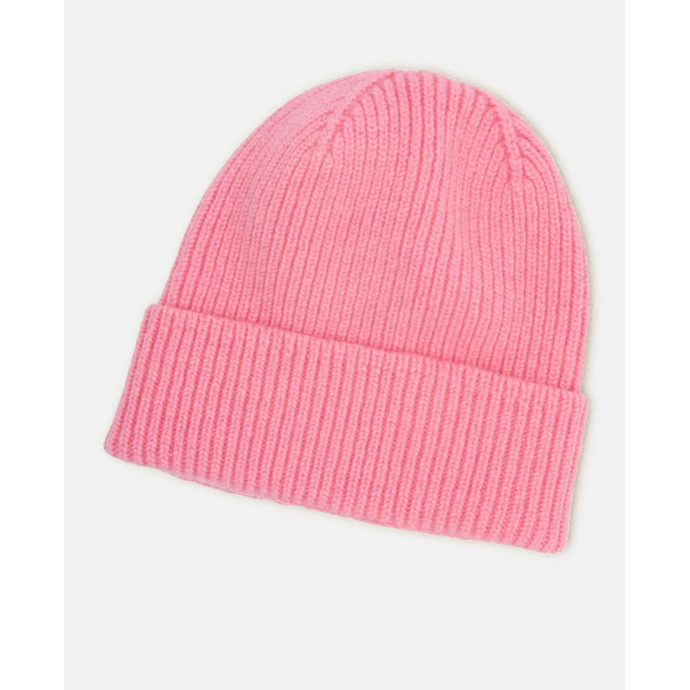 Berretto da donna lavorato a maglia rosa, con polsino a costine piegato. Caldo e moda per l'inverno.