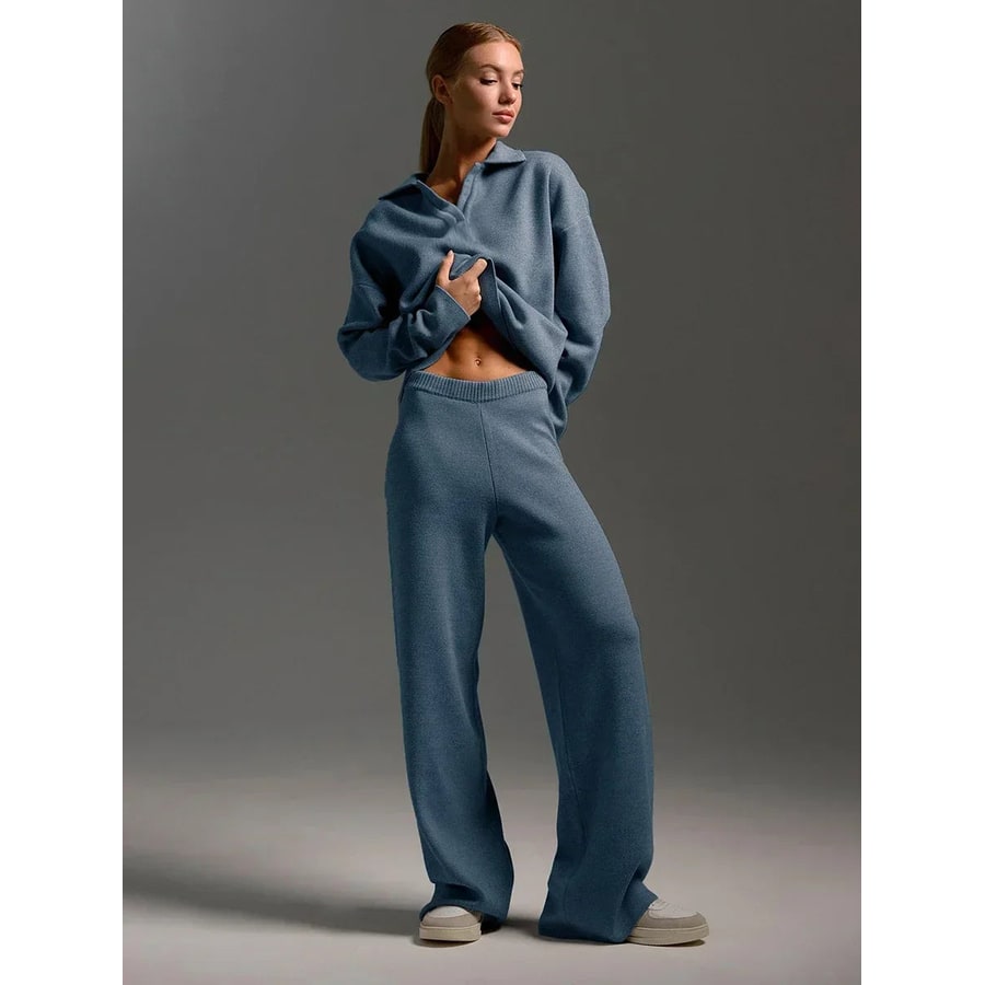 Pantaloni larghi e maglione polo: Completo lounge donna comodo, perfetto per il tempo libero e l'abbigliamento casa.