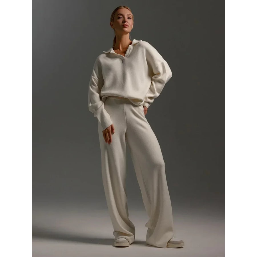 Moda donna loungewear: Set elegante 2 pezzi, maglione polo e pantaloni ampi, per comfort e stile quotidiano.
