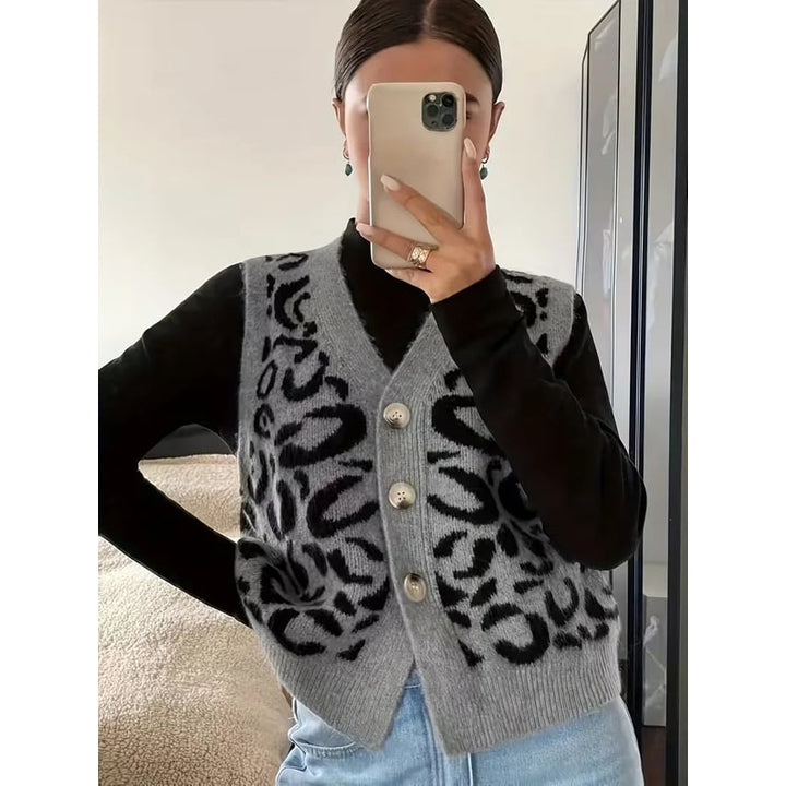 Gilet smanicato donna in maglia con stampa leopardo, scollo a V. Perfetto per moda autunnale e primaverile.