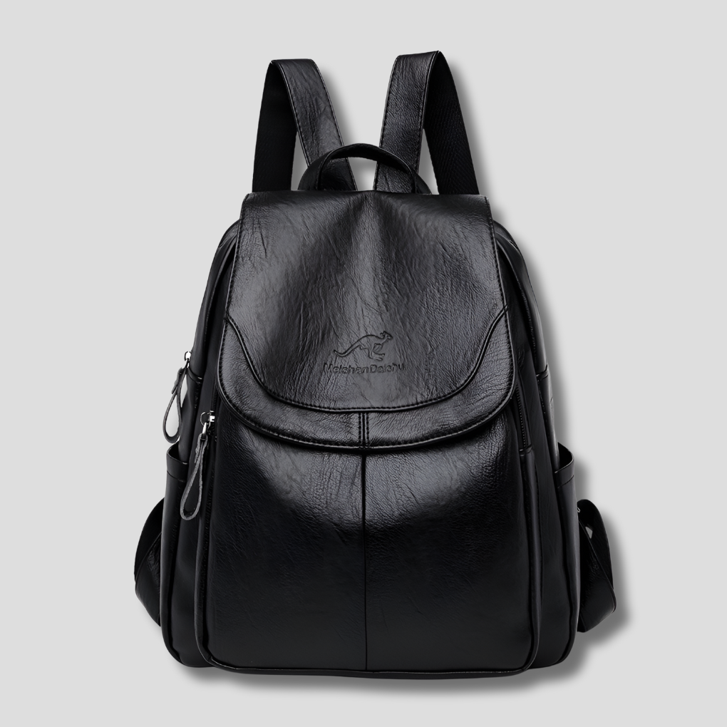 Zainetto nero elegante per donna, con patta e finiture goffrate. Perfetto per la moda casual e l'ufficio.