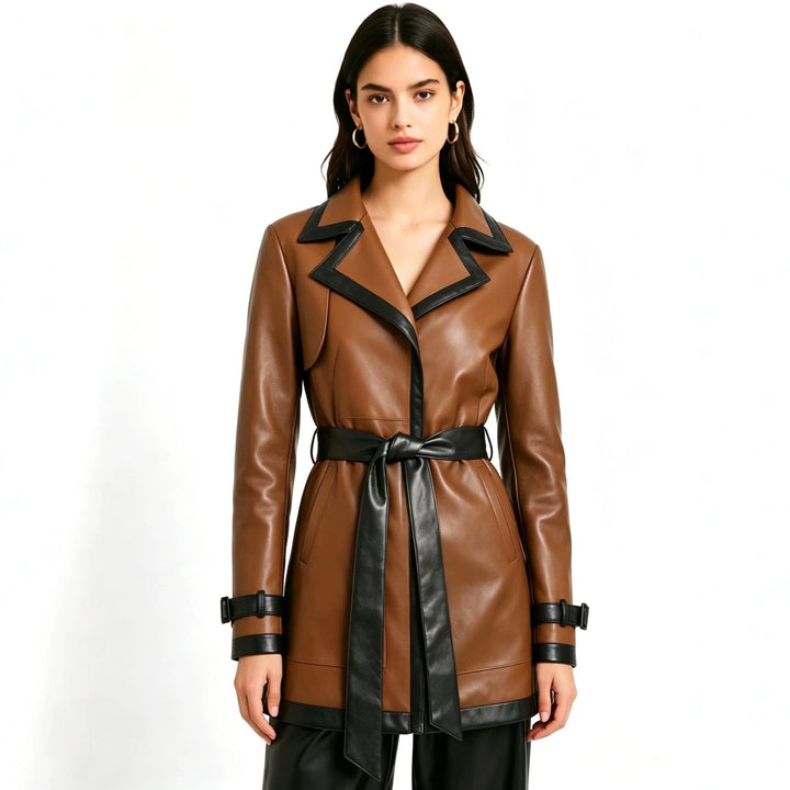 Trench donna elegante marrone scuro con cintura e dettagli a contrasto. Perfetto per autunno inverno.