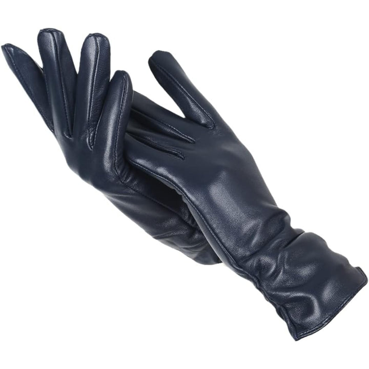 Eleganti guanti invernali da donna in pelle nera con polsino arricciato, fodera in lana calda, perfetti per il freddo.