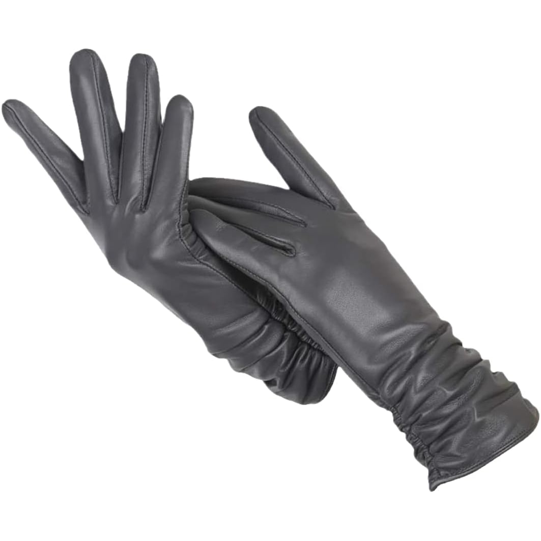 Perfetti guanti invernali da donna in pelle, un regalo di moda con polsino arricciato e calda lana interna.