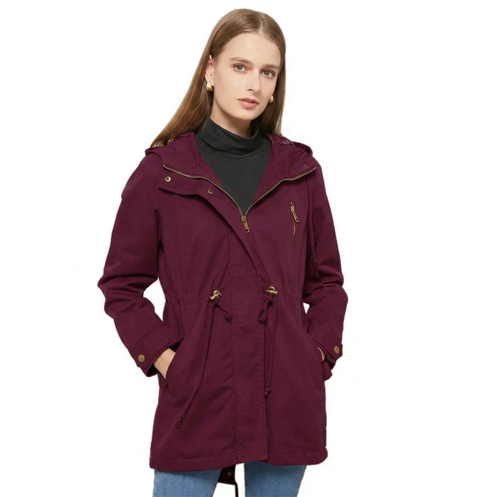 Giacca leggera da donna, utilitaria, con cappuccio. Capospalla primaverile per outfit casual e confortevoli.