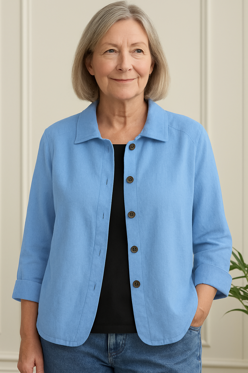 Giacca camicia donna elegante con bottoni e maniche tre quarti, perfetta per look casual e chic.