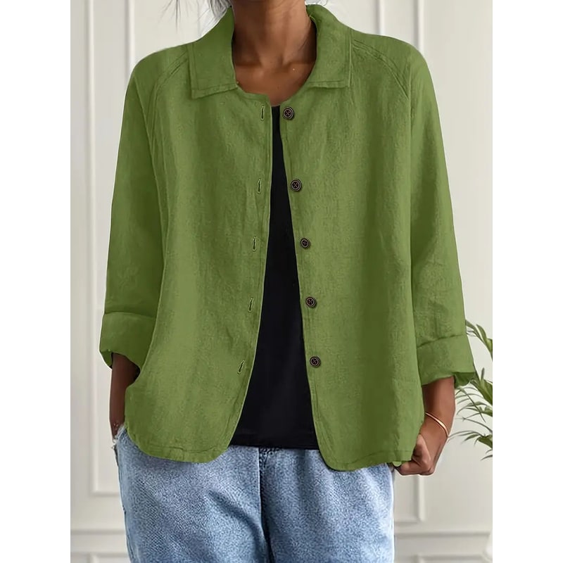 Giacca camicia leggera ed elegante per donna, con bottoni e maniche tre quarti, ideale per l'estate.