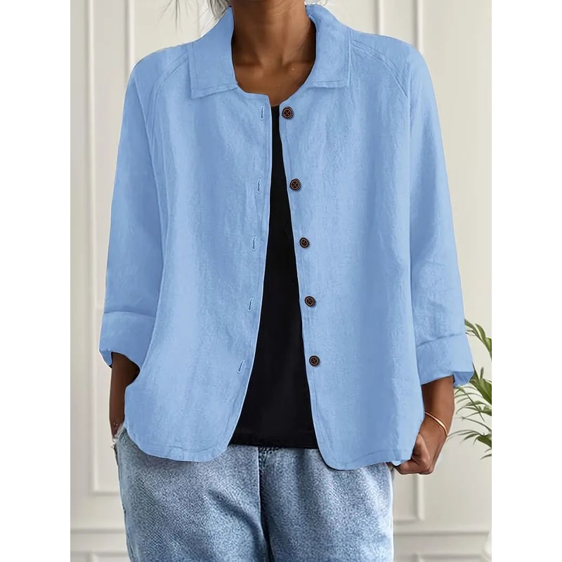 Elegante giacca camicia donna estiva con bottoni, maniche tre quarti, ideale per un tocco di moda.