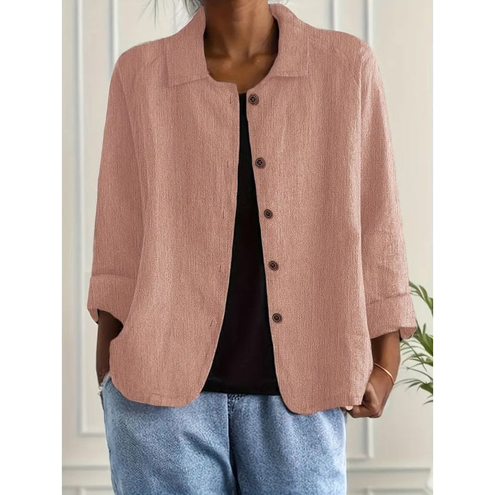 Giacca camicia leggera da donna, con bottoni frontali e maniche a tre quarti, ideale per la primavera.