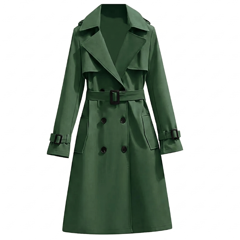 Trench da donna lungo verde oliva, doppiopetto con cintura. Perfetto per autunno e primavera, un cappotto classico ed elegante.