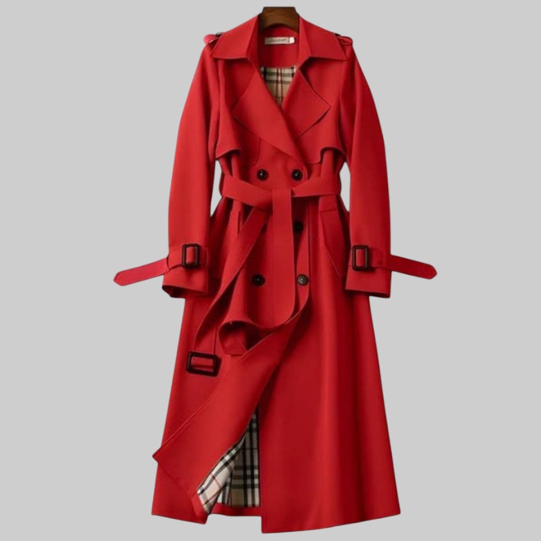 Cappotto lungo donna elegante, stile doppiopetto con cintura. Perfetto per moda femminile autunno/primavera, ufficio o casual.