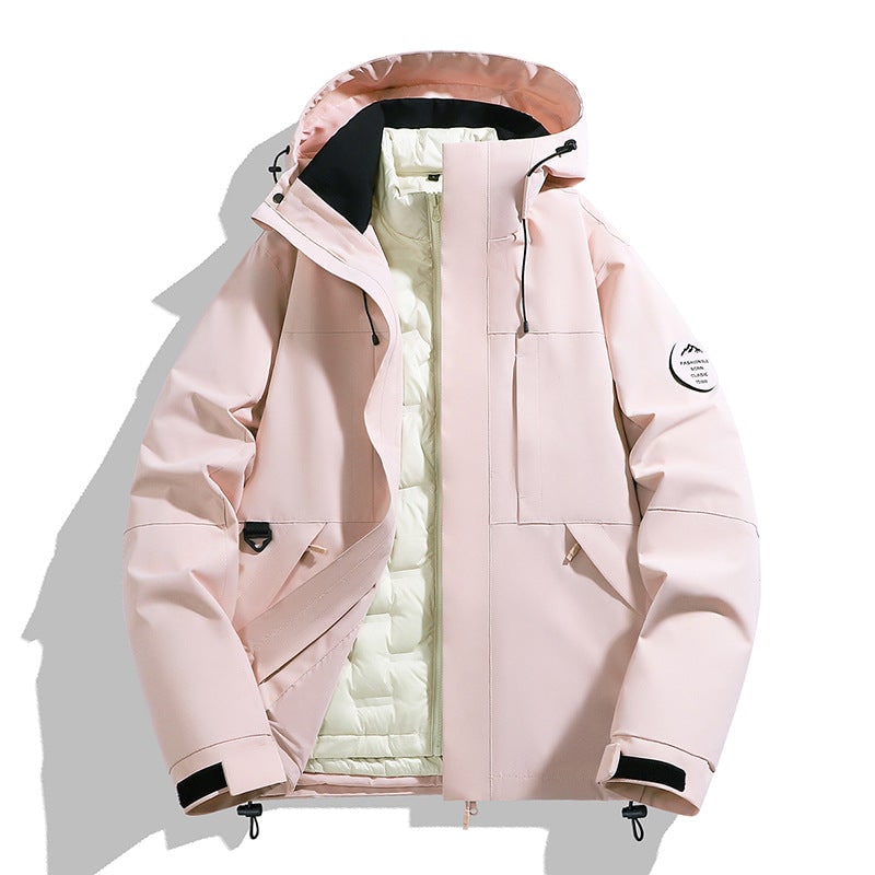 Giacca lunga trapuntata impermeabile da donna 3-in-1 con cappuccio, calda e versatile rosa castagna per autunno inverno.