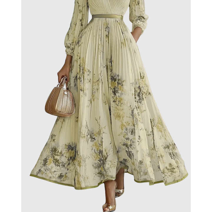 Abito lungo da donna con stampa floreale, scollo a V, maniche e pieghe. Ideale per la primavera.