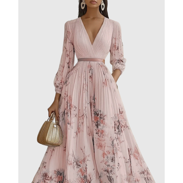 Splendido vestito lungo floreale da donna con scollo a V, maniche e dettagli a pieghe. Stile unico.