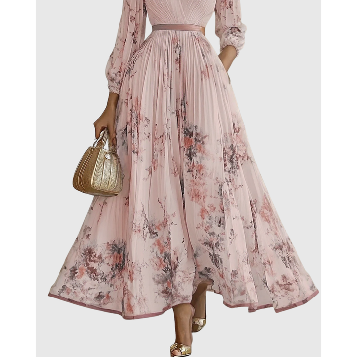 Abito lungo donna floreale, versatile con scollo a V profondo e maniche. Perfetto da giorno a sera.