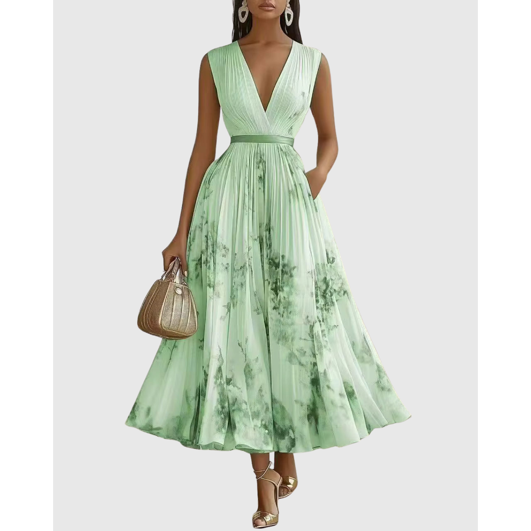 Vestito primaverile lungo con motivo floreale, scollo a V profondo e maniche. Confortevole con pieghe.