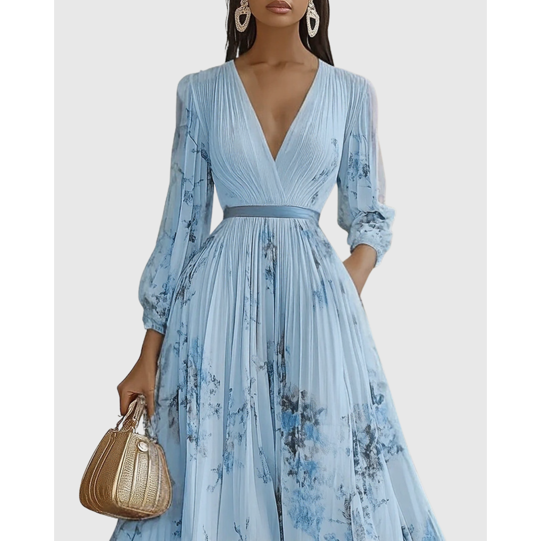 Moda donna: vestito lungo floreale con pieghe, scollo a V profondo e maniche, per ogni occasione.